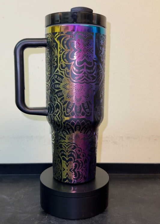 40oz Black Cuss Word Mandala Tumbler with Rainbow Plating