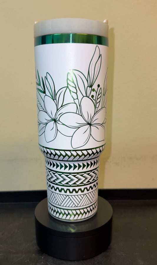 40oz White Tribal Plumeria Tumbler with Green Plating